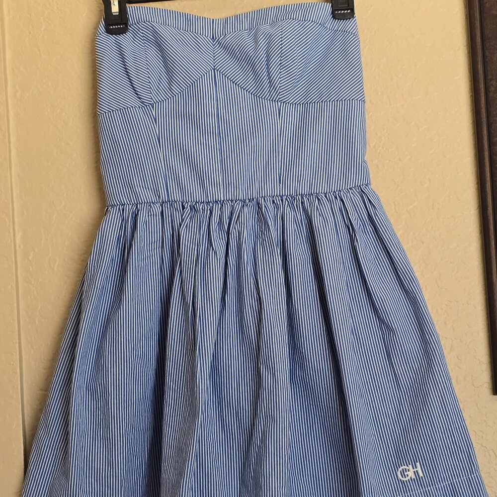 Gilly Hicks strapless blue & white striped cotton bustier mini flare dress